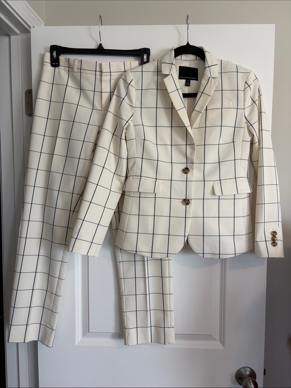 Banana Republic White Windowpane Ryan Suit Set Blazer 0P Pants 4P